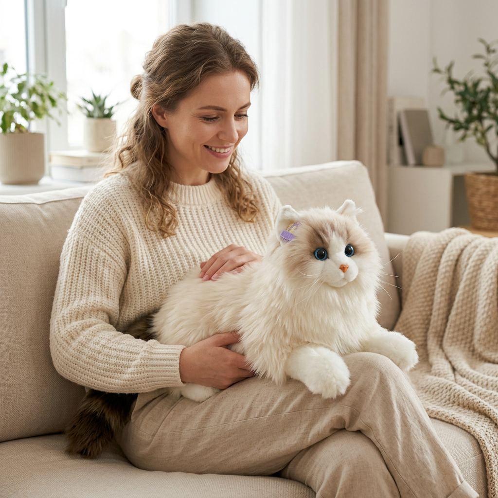 欧洲女性将布偶猫玩偶抱在腿上抚摸的写实场景图