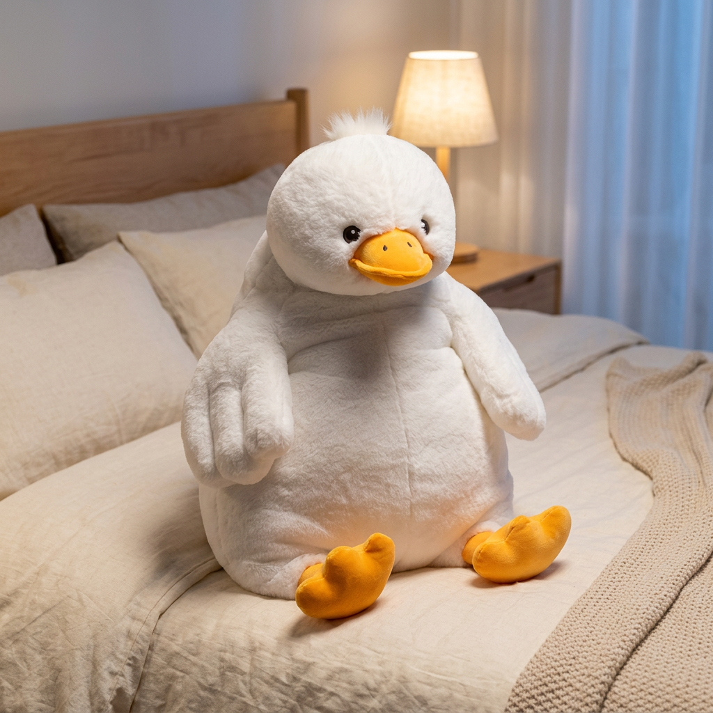 白色鸭子玩偶坐在温馨卧室床上